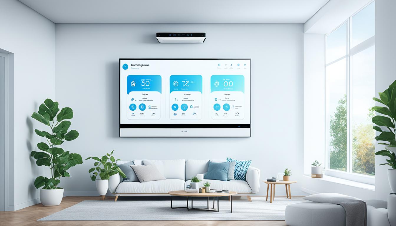 The image of the best smart AC in India replicates a room with multiple smart ACs installed, each with distinct features such as programmable settings, voice control, and energy-saving modes. The ACs are depicted in a way that highlights their sleek and modern design, with emphasis on their high-tech features that make them the top choices for energy-efficient cooling. Show the environment around the AC units as comfortable and refreshing, with elements such as green plants, open windows, and natural lighting to convey a sense of tranquility and freshness.