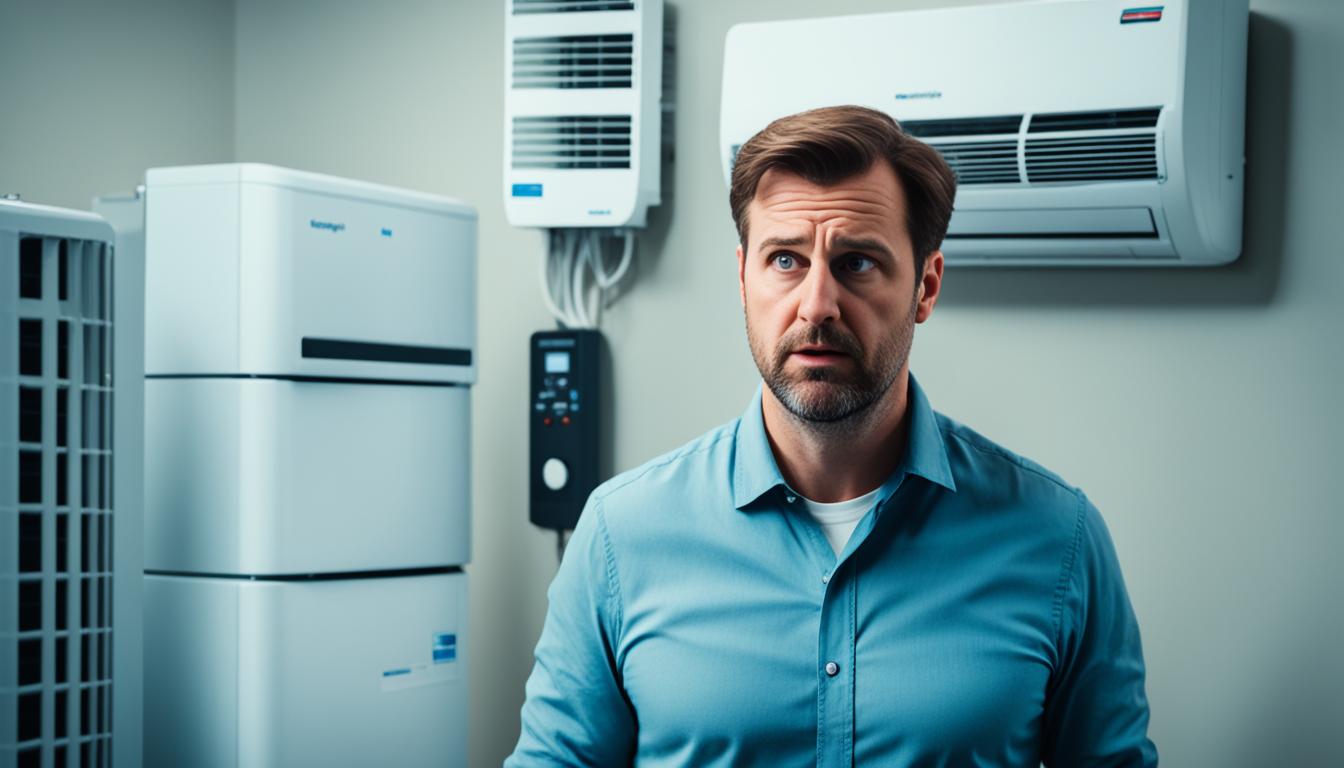 An image of a person standing in front of different types of AC units, looking confused and overwhelmed with choices. Each unit has a label showing its unique features, such as energy efficiency rating, cooling capacity, noise level, and price range. The person appears deep in thought, trying to weigh the pros and cons of each option before making a decision.