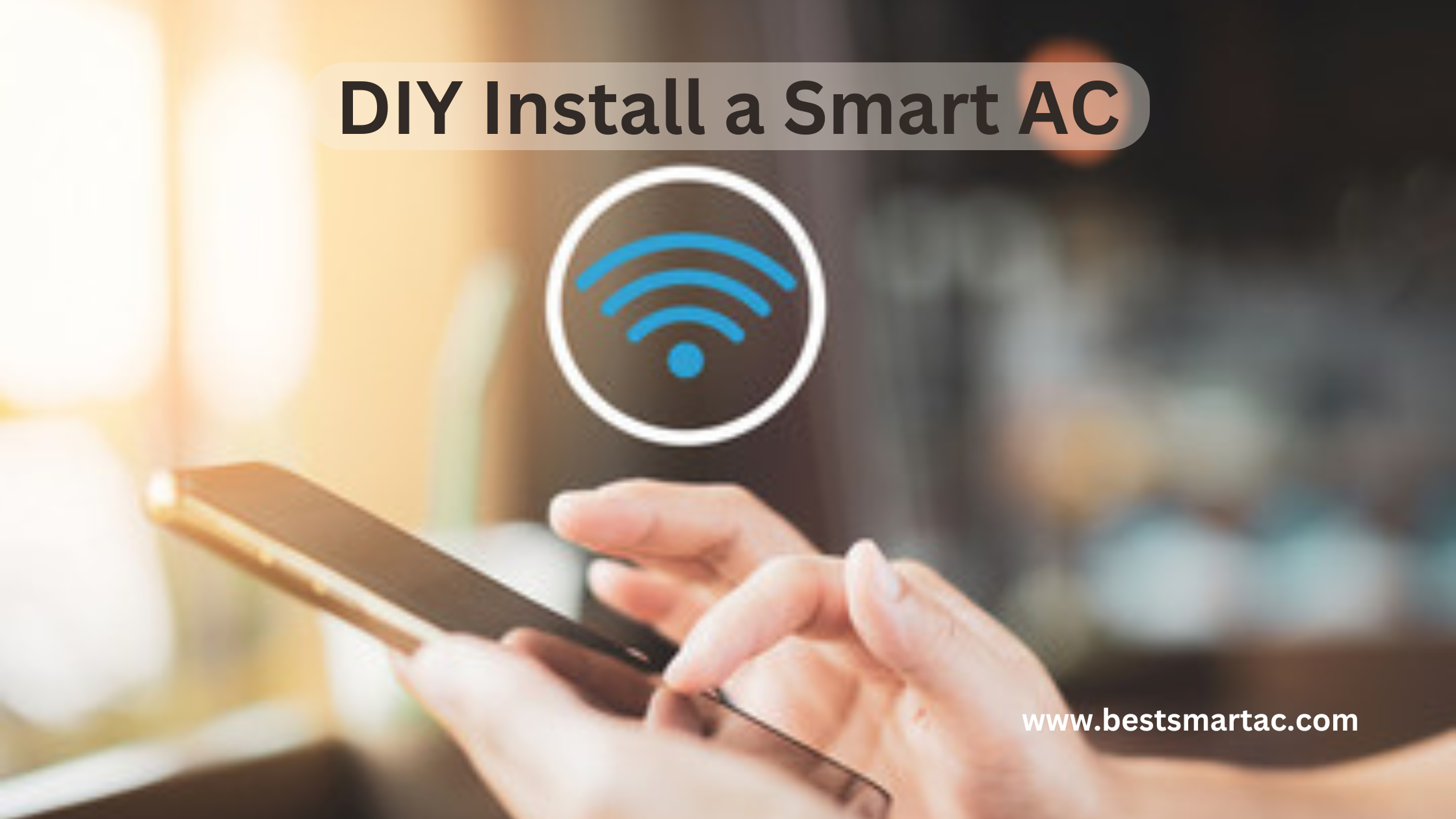 A person installing a smart air conditioning unit in a room, using a screwdriver and following installation instructions. The smart AC is connected to a smartphone via an app, showcasing its modern features and convenience.