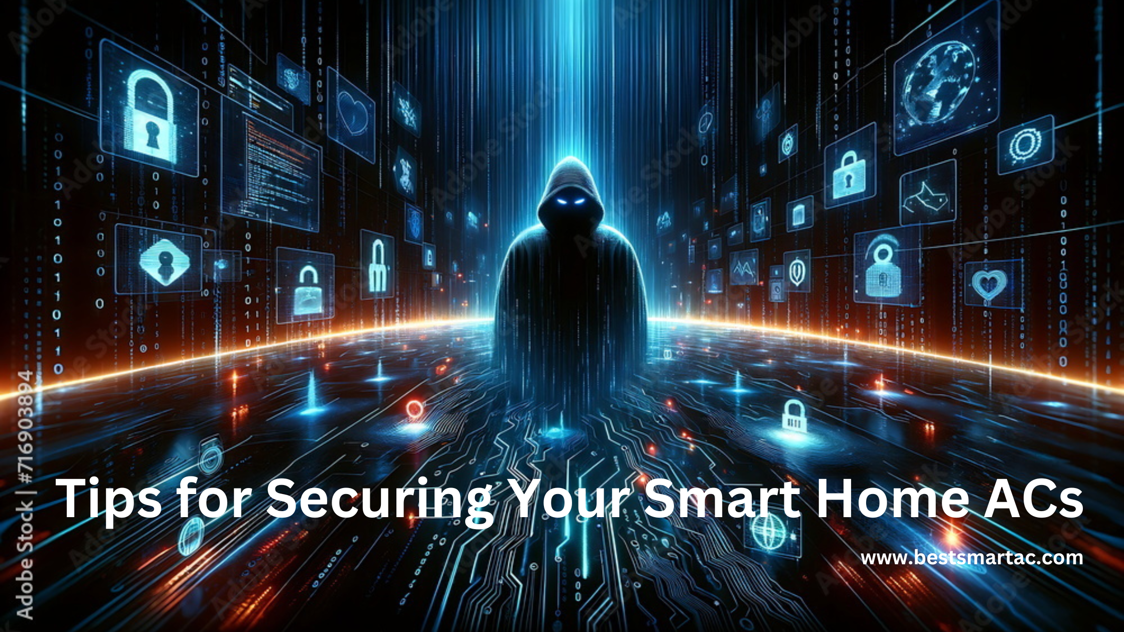 Smart home air conditioning units with security lock icon: Essential tips for securing your smart home ACs against cyber threats and unauthorized access.