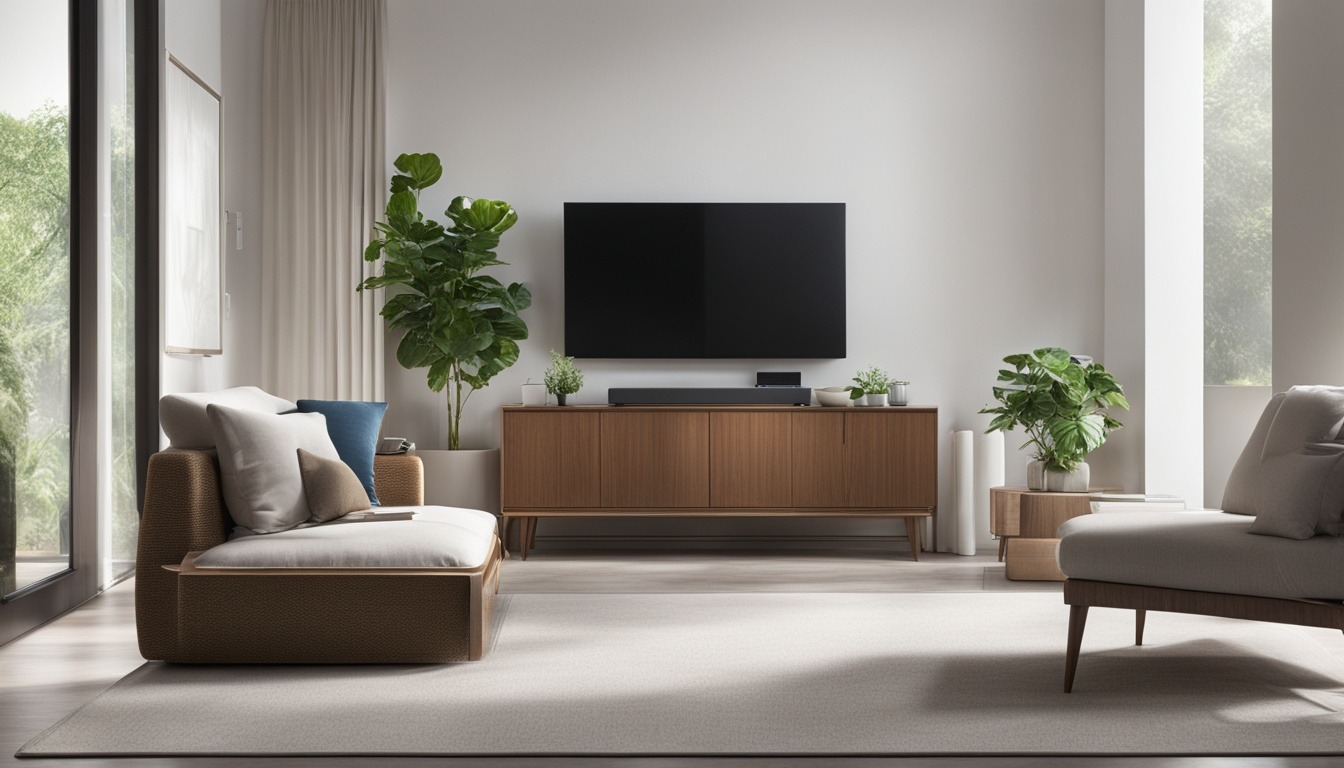 This image is of energy efficient smart air conditioners with HEPA filter for home use. A sleek and modern air conditioning unit in a spacious living room with clean white walls and neutral decor. The unit is emitting a cool breeze and the HEPA filter indicator light is illuminated. The energy efficiency rating is prominently displayed on the unit, along with the smart capabilities such as remote control access and voice command integration. The image conveys a sense of comfort and convenience while emphasizing the environmental consciousness of using an energy efficient and air-purifying appliance.