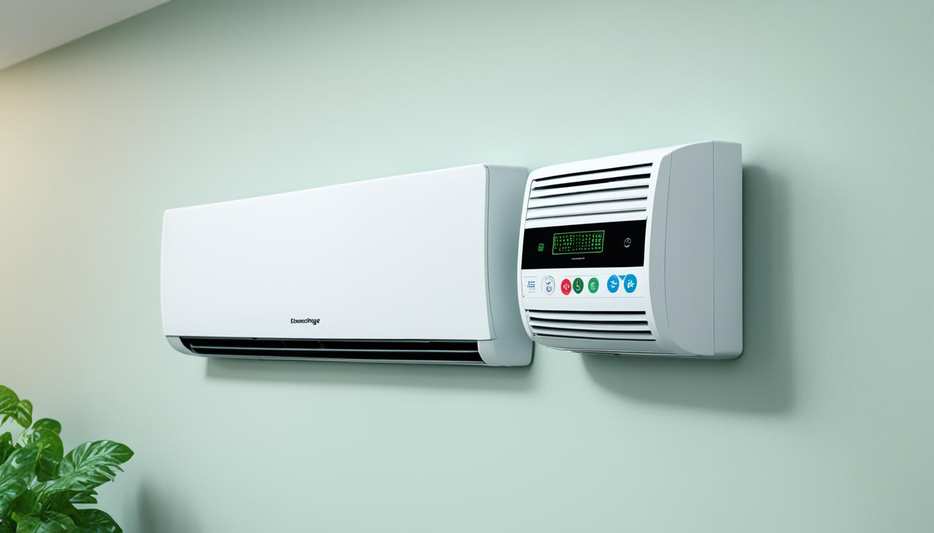 A split-screen comparison of two AC units, one with an energy label and one without. The energy-efficient model will have a green label, while the other will have a red label. The background will be a simple room, with both units mounted on the wall.