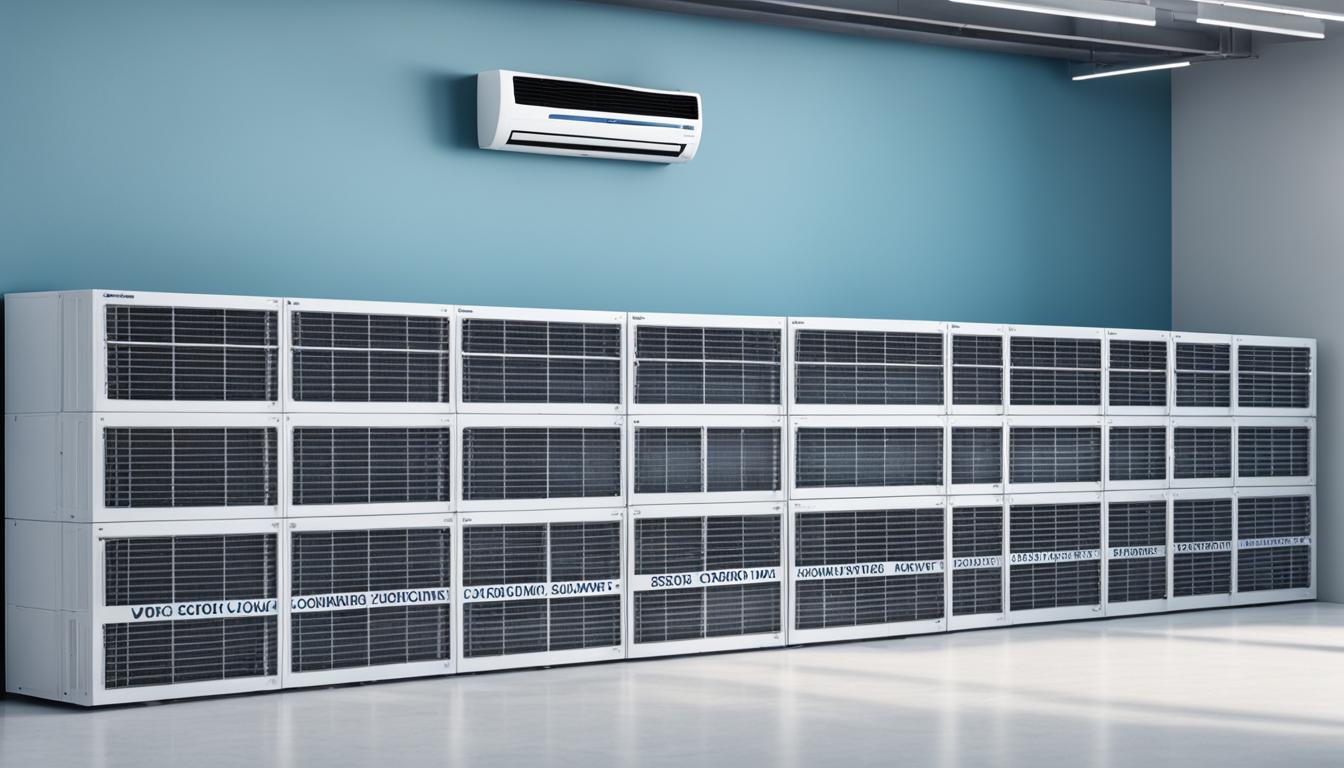 A colourful array of sleek, modern air conditioning units in various sizes and styles, each one labeled with its energy efficiency rating and specific features, such as smart technology, remote control capabilities, and eco-friendly cooling systems. Some units are designed for use in large rooms or commercial spaces, while others are compact enough for apartments and condos. The background is a mix of indoor and outdoor settings, emphasizing the versatility of these energy-efficient smart AC units.