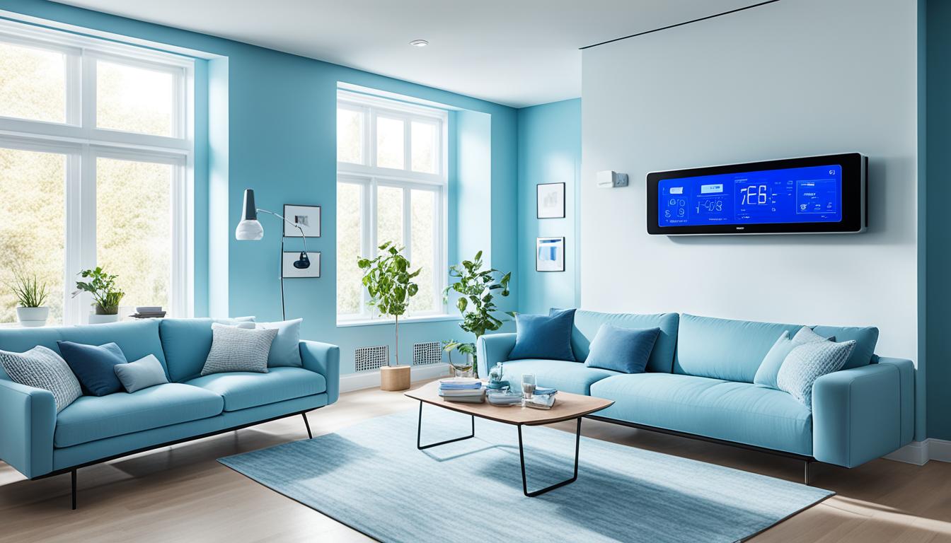 A sleek and modern living room with a large, wall-mounted smart AC unit surrounded by various diagnostic sensors. The AC unit and sensors of smart ACs with self diagnostic features are connected by a series of wires and cables that stretch across the room. The walls are painted in a cool blue shade, reflecting the AC unit's calming effect. The room is bathed in natural light that streams from a large window to the side, adding warmth to the otherwise calm space.