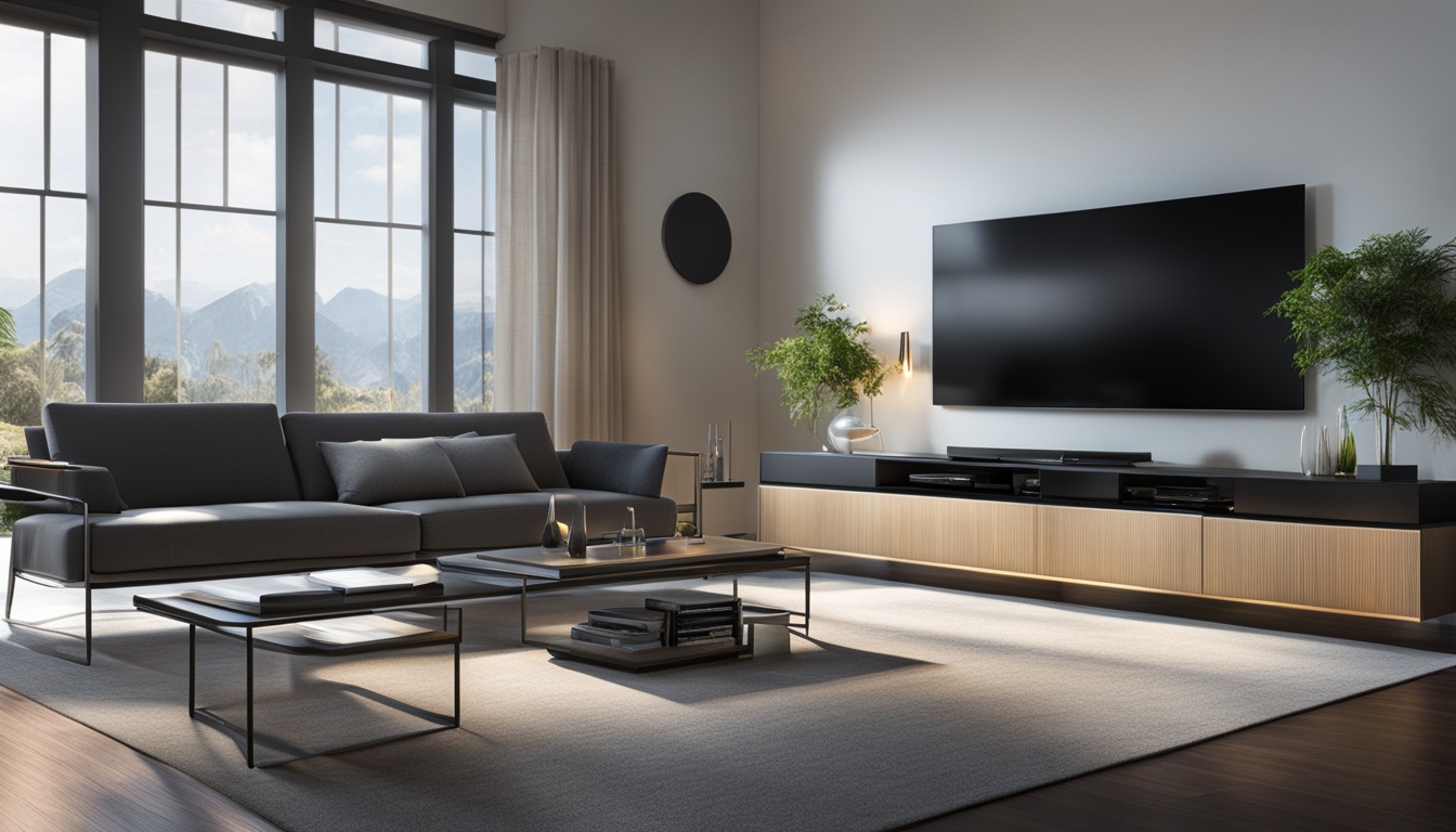 A sleek, modern living room with a large flat-screen TV on the wall, surrounded by several Smart ACs with self-diagnostic features. Each AC has a different color LED display indicating its current status and temperature settings. The room is bathed in cool, refreshing air, and the windows are slightly open to let in the natural light.