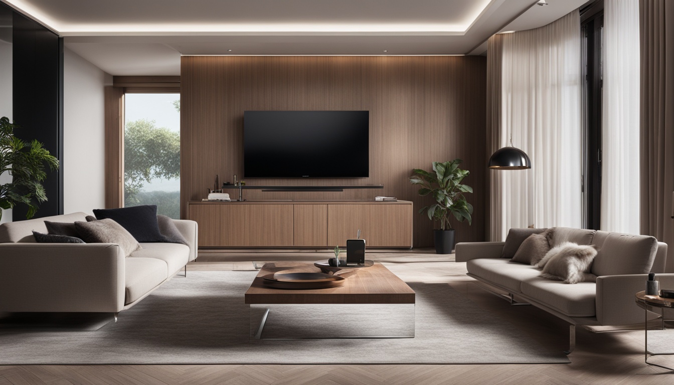 An elegant living room with a sleek and modern Panasonic smart AC, controlled by the Miraie app on a smartphone.