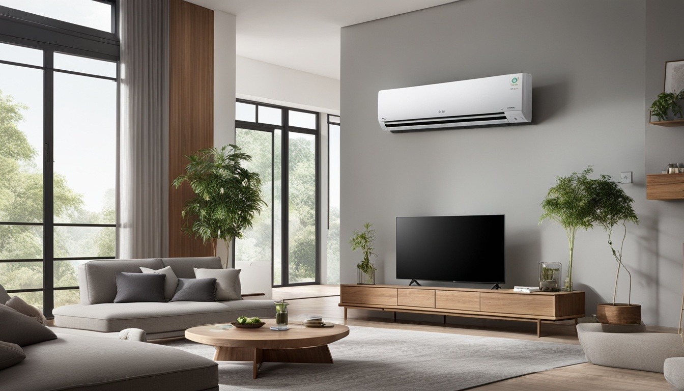 Show the sleek and modern design of the LG Smart ThinQ 1.5 Ton 5 Star Inverter Split AC, with a focus on its HEPA filter feature. Emphasize how the air conditioner effortlessly blends in with its surroundings while being a major energy saver, making it the perfect addition to any home or office space.