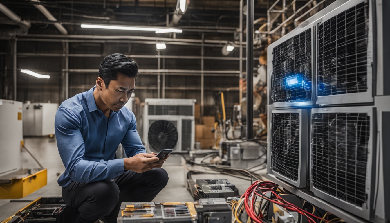 An individual is holding a smartphone and looking at a Smart AC unit with various error codes on the screen. The person seems to be examining the unit, checking wires and connections, and possibly resetting the system. There is a sense of frustration and determination in their expression as they work to troubleshoot the issue. In the background, there are other Smart AC units installed throughout the room, giving a sense of scale and complexity to the task at hand.