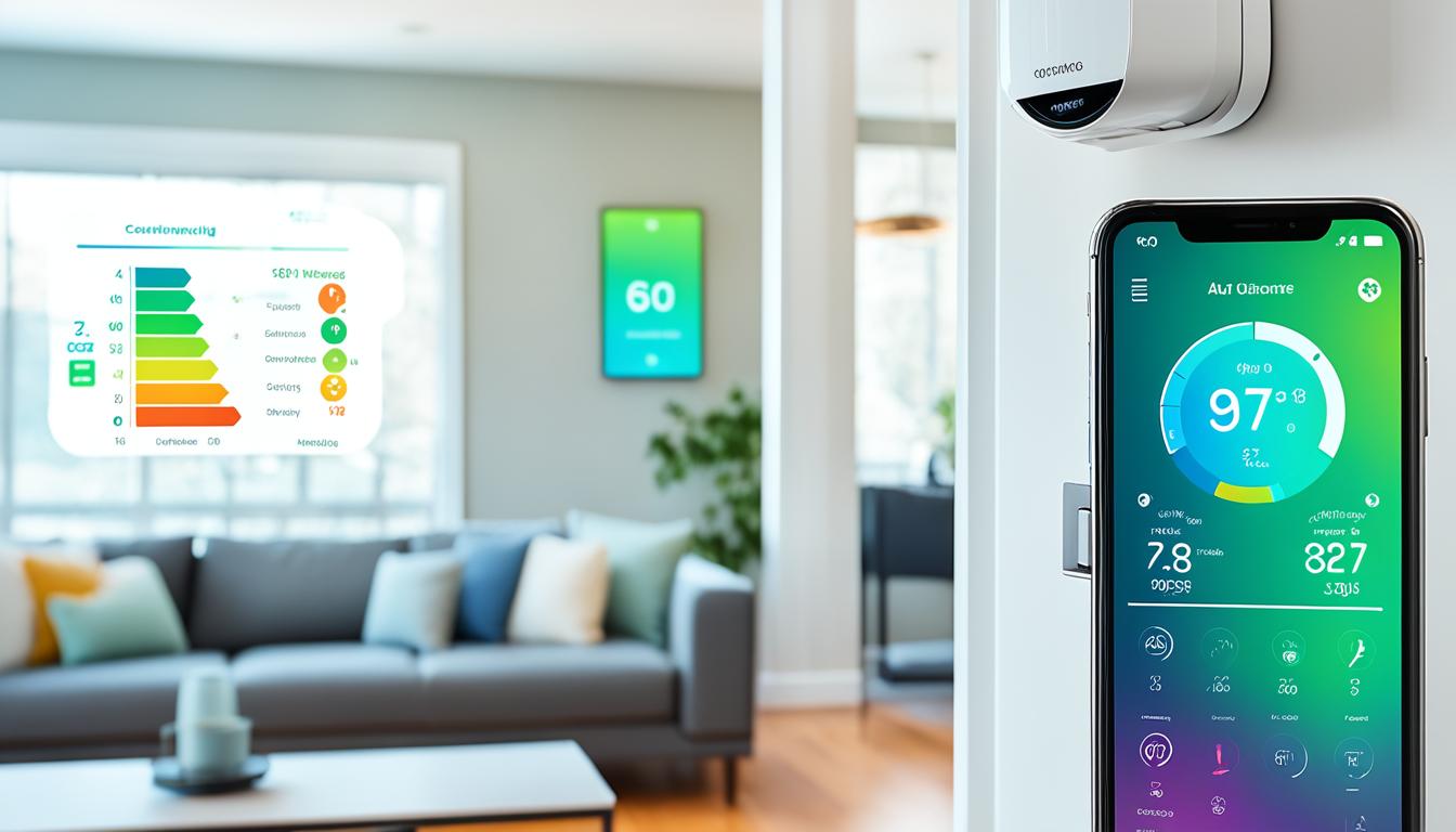 A smartphone with a sleek modern design, surrounded by cool and crisp air conditioning vents. On the phone screen is an intuitive app showing real-time data on temperature, energy usage, and air quality. The app features colourful graphs and easy-to-read charts, allowing homeowners to monitor and adjust their AC settings from anywhere. In the background, a comfortable living room with cosy furniture and decorative plants completes the picture of a smart and stylish home.