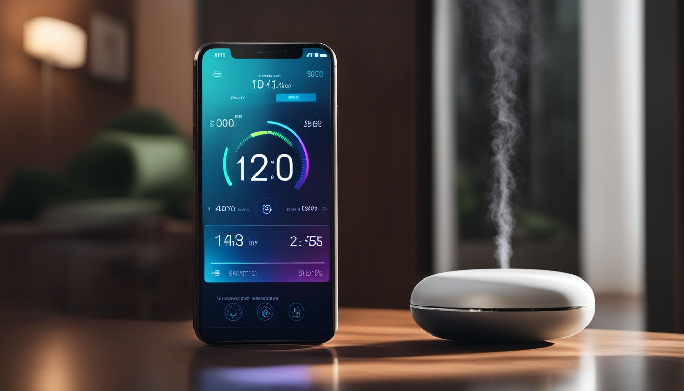 A smartphone with a sleek interface displays the temperature and humidity levels of a room. The background should show a modern living room with an air conditioner in the corner. Show the app analyzing the data and suggesting possible solutions for optimized cooling.