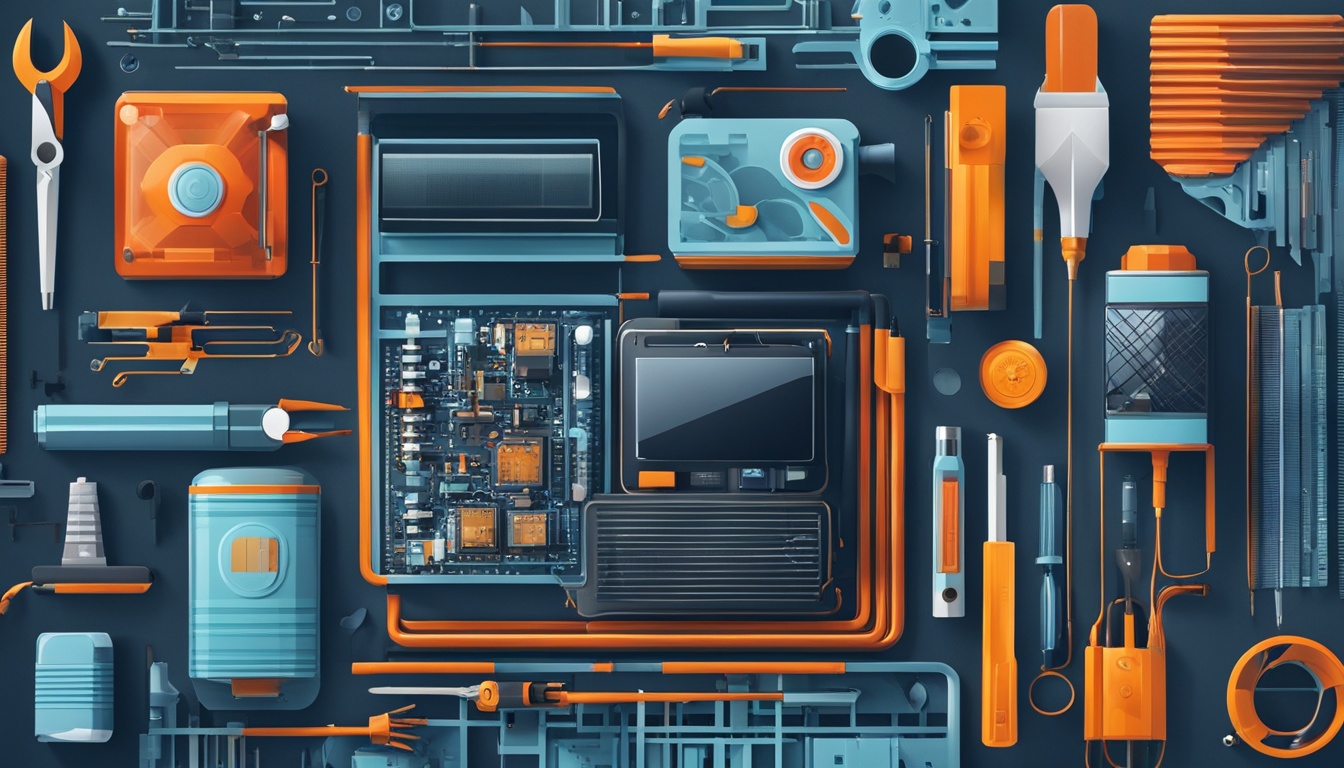 An abstract of AC Diagnostic Apps for Quick Troubleshooting represents a smartphone with various tools and icons related to AC maintenance, such as a thermometer, air filter, wrench, screwdriver, socket set, and circuit board. Each tool is stylized with minimalistic geometric shapes and bright colours to convey a sense of efficiency and modernity. The background should have a cool blue tone to evoke a sense of air conditioning and comfort.