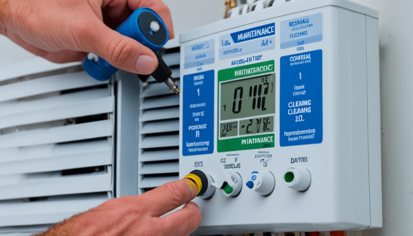 The image is of smart AC maintenance and care tips, where an AC unit with a clean filter and a hand holding a screwdriver adjusts the thermostat. In the background, a calendar is marked with dates for regular AC maintenance, such as cleaning the coils and checking the refrigerant levels.