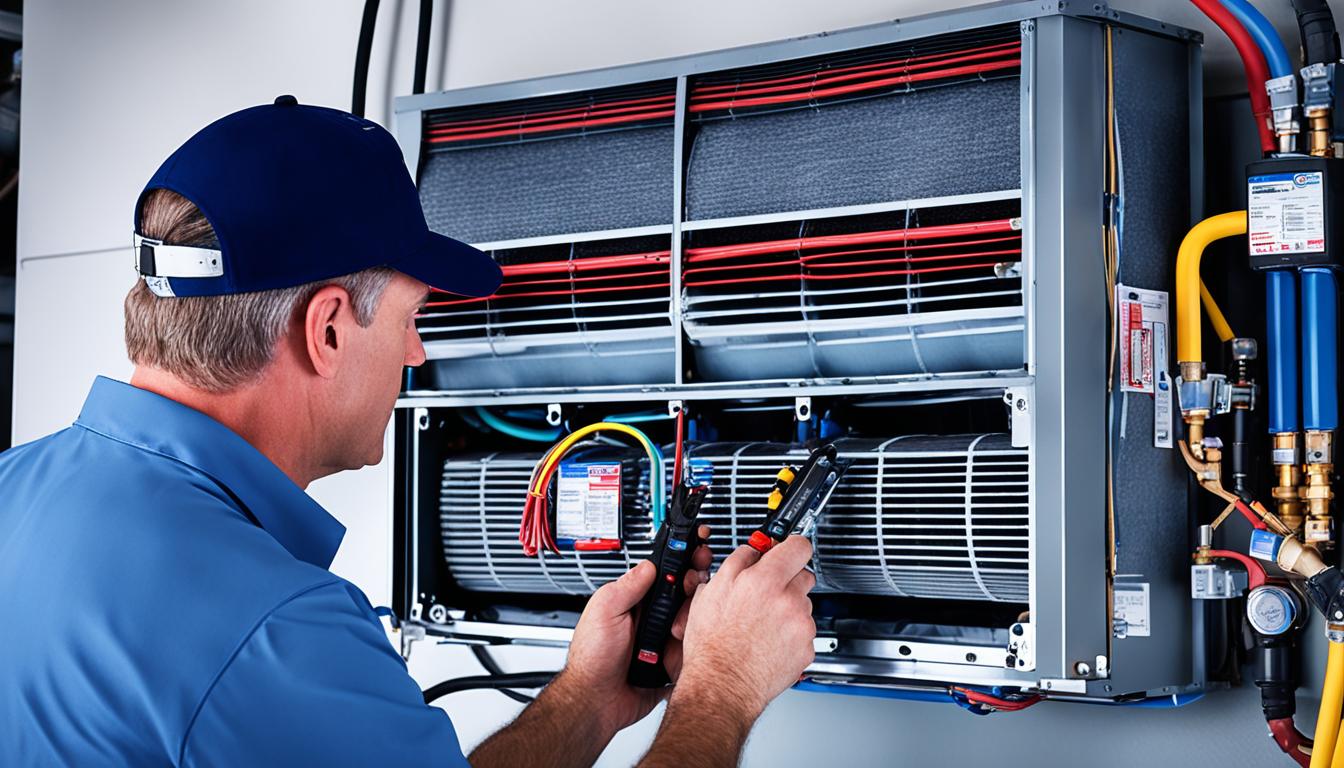 An image of a well-maintained AC unit, surrounded by various tools and equipment used for tune-ups. Shown a technician carefully inspecting the unit's components, cleaning the filters, and lubricating the moving parts. Include visual cues such as arrows or labels to highlight the maintenance steps. Use vibrant colours and clear lines to convey a sense of precision and attention to detail. The image evokes a sense of professionalism and expertise while emphasizing the importance of regular tune-ups in improving energy efficiency and prolonging the life of the AC unit.