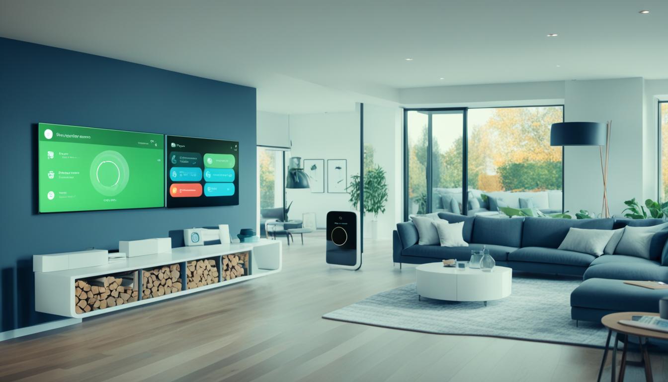 Show a modern house with integrated smart home devices, such as a thermostat, security system, lighting controls, and a smart AC unit that is not turning on. The focus is on these devices' seamless integration and connectivity, emphasising the frustration of the homeowner trying to troubleshoot the issue with the smart AC unit. The image conveys a sleek and modern aesthetic, with clean lines and technology prominently featured.