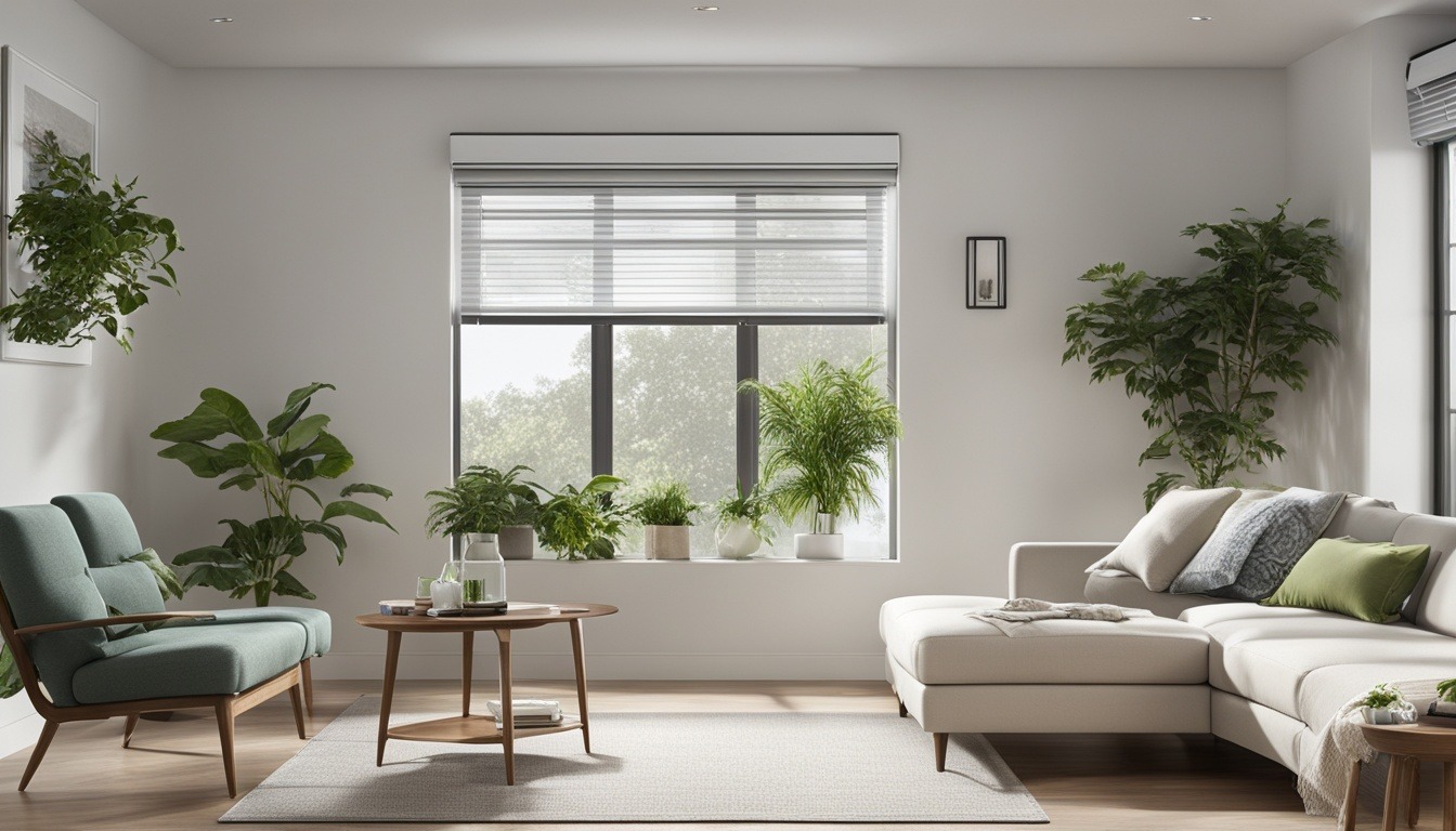 Created an image of a sleek and modern Samsung Smart Air Conditioner with Wind-Free technology. Show the AC unit mounted on a clean white wall, with a soft breeze blowing through the room. Include some green plants in the background to give a natural and refreshing feel to the space. 