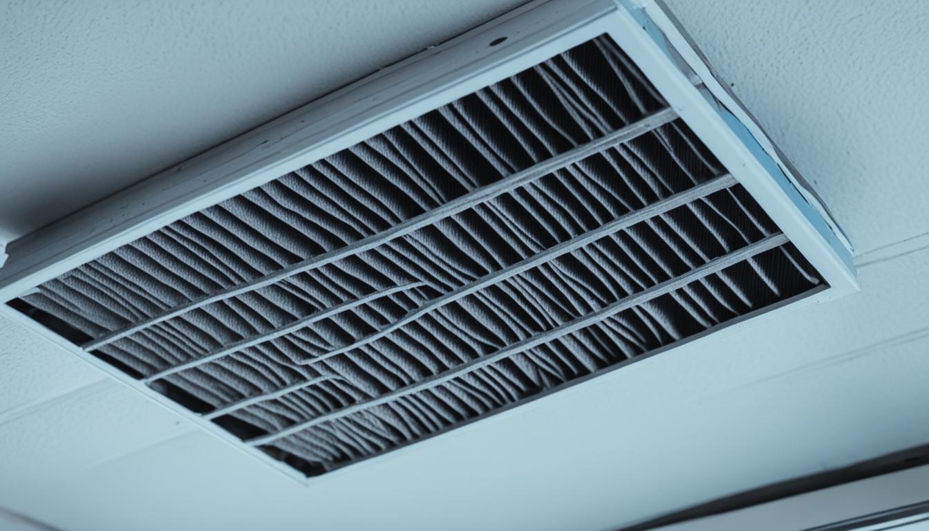 View from inside the AC unit, looking at a matted, dirty air filter obstructing airflow.