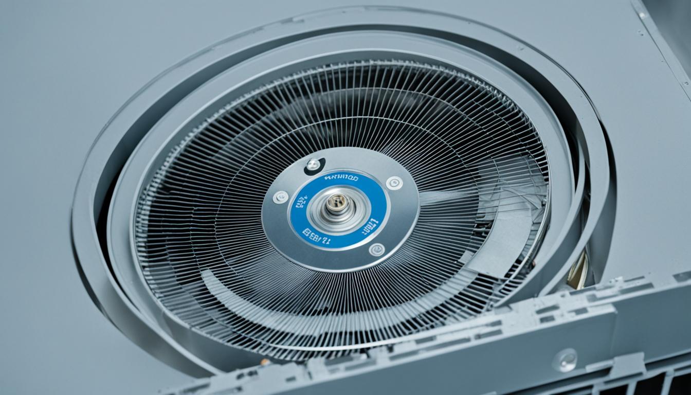 The image signifies Smart Split AC not cooling but Fan Is Running. A close-up view of the internal components of a split AC unit, with emphasis on the fan blades spinning rapidly. There is a noticeable lack of cool air from the unit, but the fan usually functions. The surrounding environment should be depicted as hot and uncomfortable.