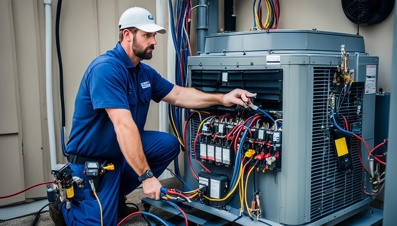 An HVAC technician is checking a split AC unit with multiple tools. The technician is seen inspecting the compressor, fan, and thermostat. There should be a focus on the diagnostic process, with various gauges and meters displayed throughout the image. Technicians should appear confident and knowledgeable in their work, conveying their expertise and professionalism. The background should include other HVAC equipment to suggest a professional workspace.