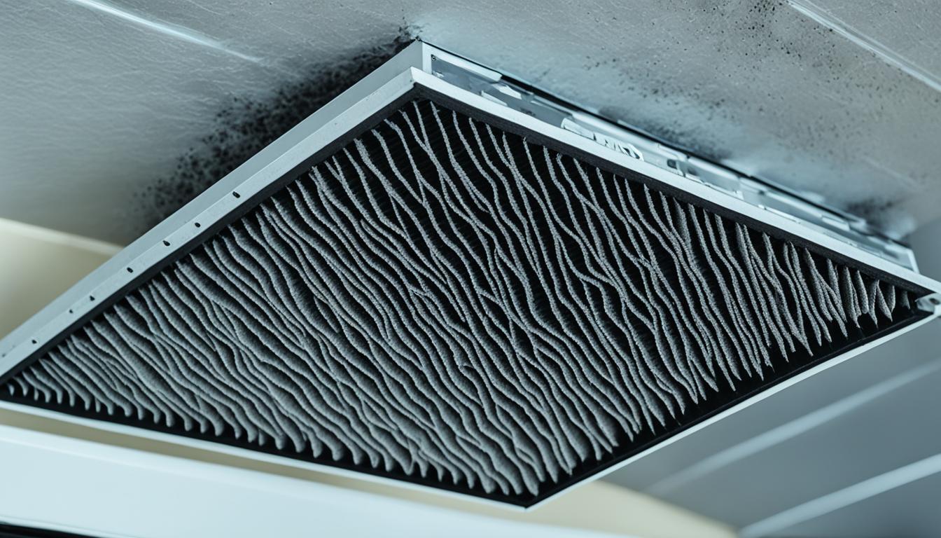 An image of a clogged air filter in a Smart Split AC unit, with visible dust and debris buildup. The filter appears grayish and opaque, and there are dark streaks where the air has been unable to pass through. The surrounding area of the AC unit is clean and well-maintained, highlighting the importance of regularly cleaning or replacing the air filter.