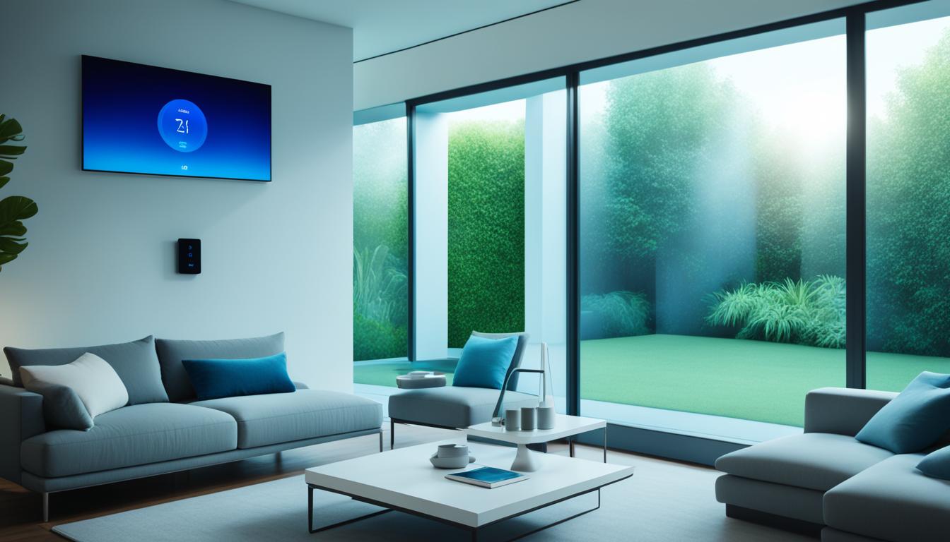 A sleek, modern living room with a large window facing a lush green garden. The room is empty except for a voice-controlled smart AC unit mounted on the wall, with its display screen showing temperature control options. The AC is surrounded by a subtle blue glow that illuminates the entire room. A close-up shot of the AC's remote control shows easy-to-use voice commands and buttons to adjust temperature, fan speed, and other settings.