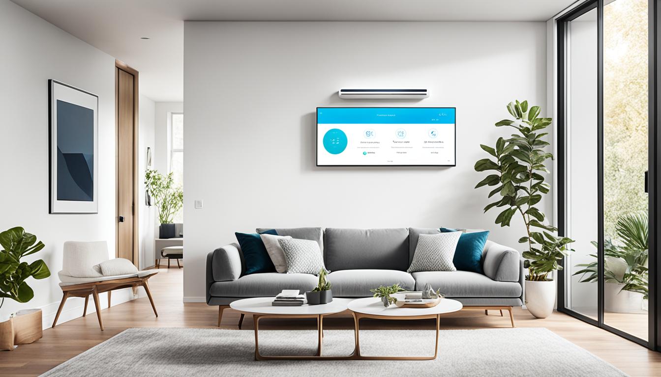 An image that shows the benefits and drawbacks of voice-controlled smart ACs, represents a sleek, modern living room with a smart AC unit mounted on the wall. The unit is prominently displayed and connected to other smart home devices, such as a voice assistant or smart thermostat. The atmosphere feels cool and comfortable, with subtle lighting and minimalist decor.