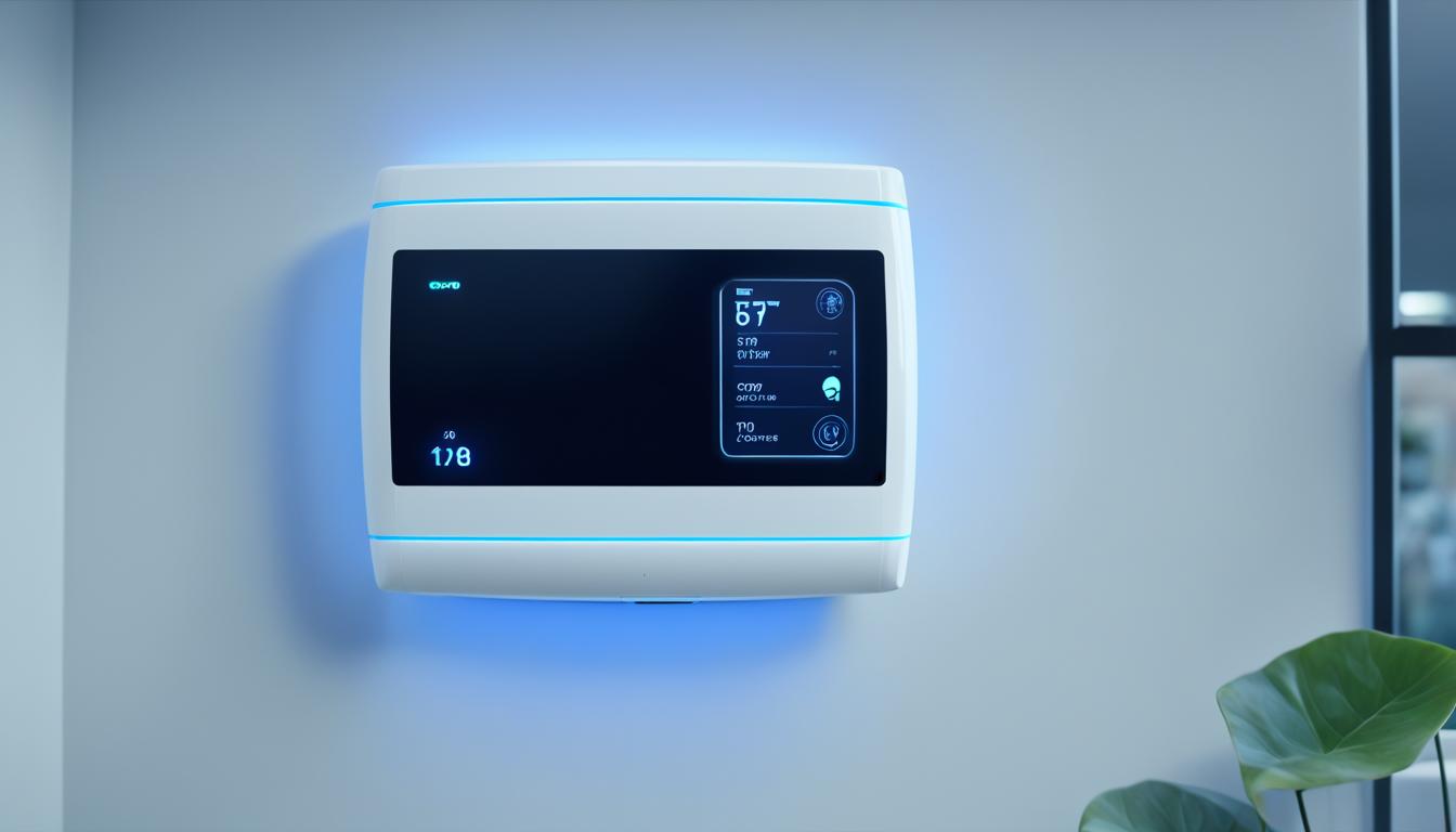 Show a futuristic home with a sleek and modern smart AC unit mounted on the wall. The room is well-lit and has a minimalist design aesthetic. The smart AC have a display showing the current humidity level and temperature, and also have a sleek touch screen interface for adjusting the settings. The image convey a sense of comfort and efficiency, with no visible signs of discomfort due to humidity levels being too high or too low. This image only conveys a message on how to monitor and control humidity levels with a smart AC.