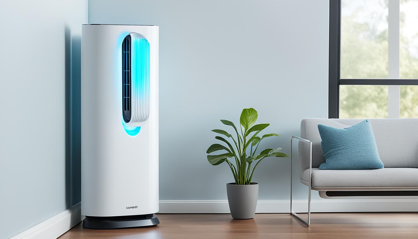 A sleek, modern smart AC unit standing in the corner of a living room. The air around it is cool and refreshing, with just the right amount of humidity for optimal indoor air quality. The unit's display panel shows the current humidity level in the room, which is perfectly balanced thanks to the smart AC's advanced technology. A beam of light shines out from the top of the unit, indicating that it is actively regulating the humidity levels in real-time.