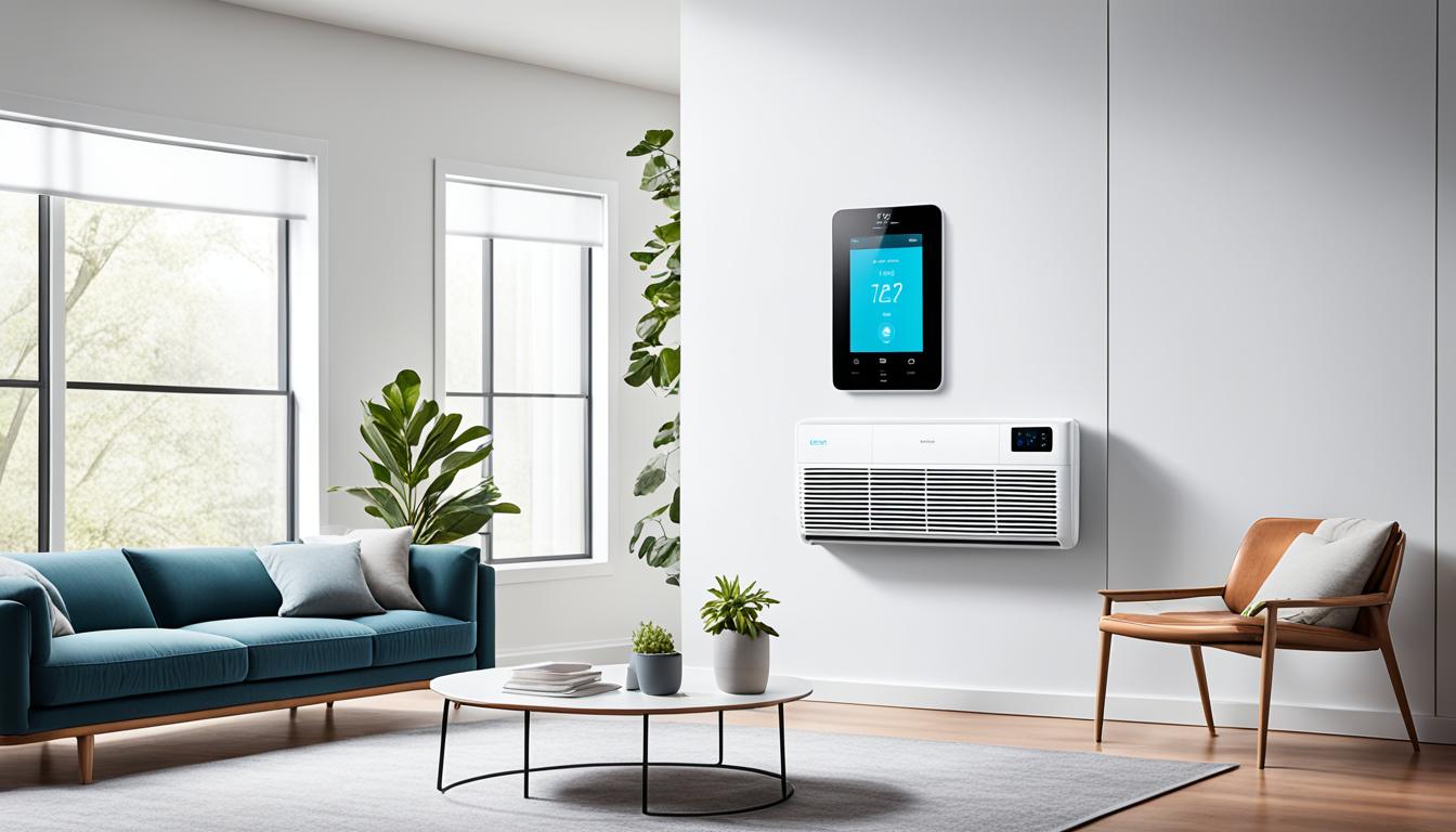 This nice image is on the topic of How to Optimize Indoor Air Quality Using Smart AC Technology. The image shows a sleek and modern AC unit blending seamlessly into a stylish living room, with clean and fresh air circulating throughout the space. The AC is controlled by a smartphone app, allowing for easy and intuitive adjustments to temperature and air quality settings. The app interface is displayed on the phone screen, highlighting its ease of use and convenience.