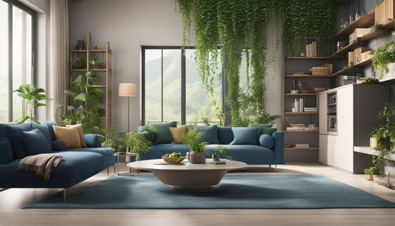 Show a sleek and modern living room setting with a Daikin Smart Inverter Split AC mounted on the wall, surrounded by lush indoor plants and a bookshelf filled with energy-saving books. The AC turned on, emitting a cool and refreshing breeze, while the HEPA filter feature is highlighted by showing clean, purified air circulating throughout the room. The color scheme is mix of cool blues, greens, and warm neutrals to create a comfortable and inviting ambiance.