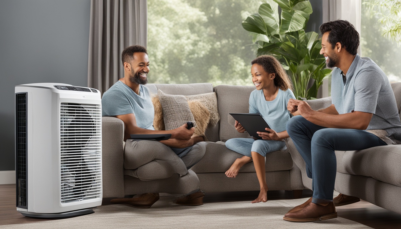 Show a sleek, modern AC unit with advanced air filtration technology that removes harmful particles from the air. The unit has easy-to-use controls and a display that shows the current indoor air quality level. Include a close-up of the filter, highlighting its high efficiency and long lifespan. Show the unit in a living room setting with happy, healthy people enjoying their clean and fresh indoor air.