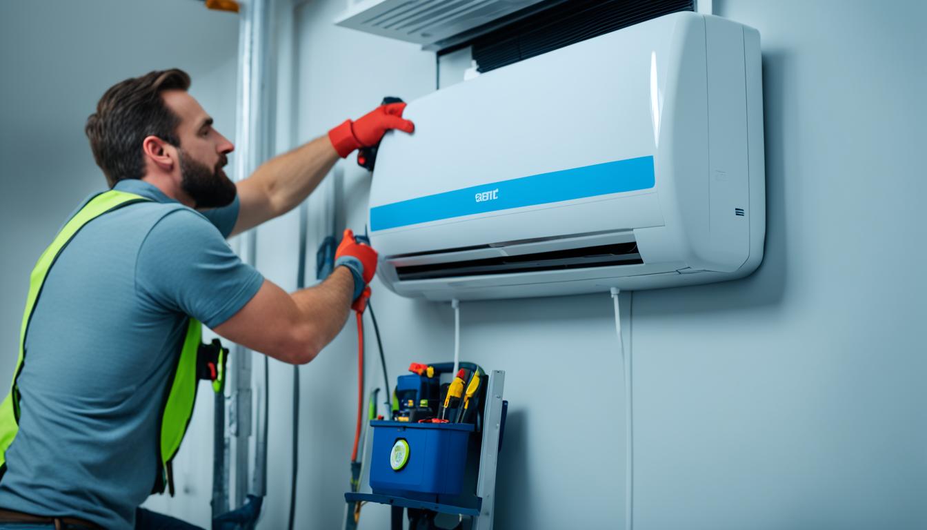 A person is installing a smart AC unit on their living room wall while looking at a smartphone with a motion sensor icon on the screen. The person is holding a screwdriver in one hand and pointing towards the vent of the AC unit with the other hand. There's a ladder visible in the background, along with a toolbox and some spare parts scattered around. The walls are painted white, and there's a small sofa and coffee table nearby. The AC unit is connected to a power outlet on the wall with a cord running along the baseboard.