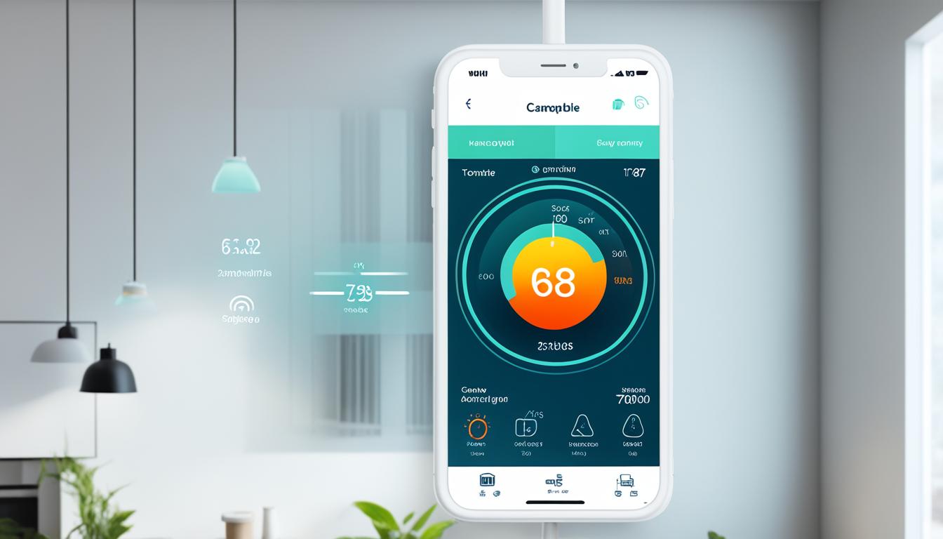 Created an image that showcases the convenience of controlling the temperature of your home through a smartphone app. The focus is on the ease of adjusting the temperature remotely, with a clear depiction of the app interface. Incorporate imagery to show how this feature can help save energy and reduce electricity bills. Additionally, highlight the air purifying capabilities of the smart AC, showcasing it as a healthier option for your home.