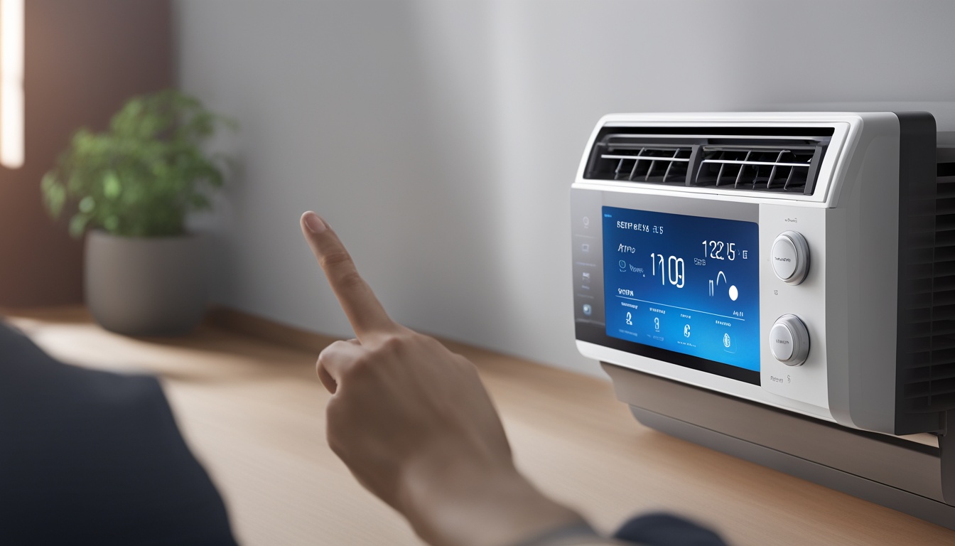 Created an image of a hand reaching out to a WiFi smart air conditioner, as if to adjust the temperature. The air conditioner should be depicted as sleek and modern, with prominent voice control capabilities. Show a smartphone in the background, connected to the air conditioner, with a visual indicator displaying the current temperature reading. The overall tone of the image should convey convenience and ease of use.