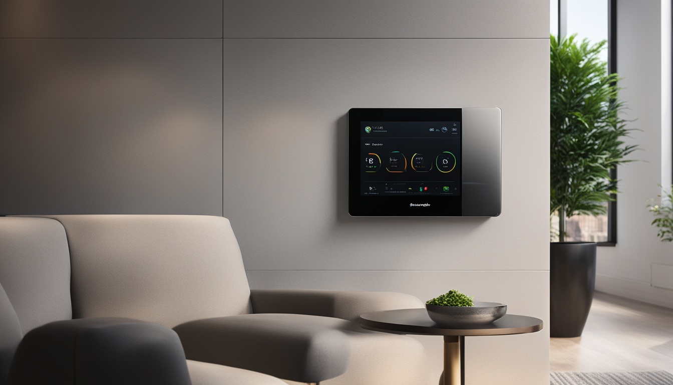 A sleek and modern WiFi smart air conditioner mounted on a wall, with a smartphone nearby, shows the app interface. The air conditioner has features like customizable schedules, voice control, energy-saving mode, air quality sensors, temperature monitoring, and multi-zone control. The app interface should be intuitive and user-friendly, with easy-to-read real-time data and graphs.