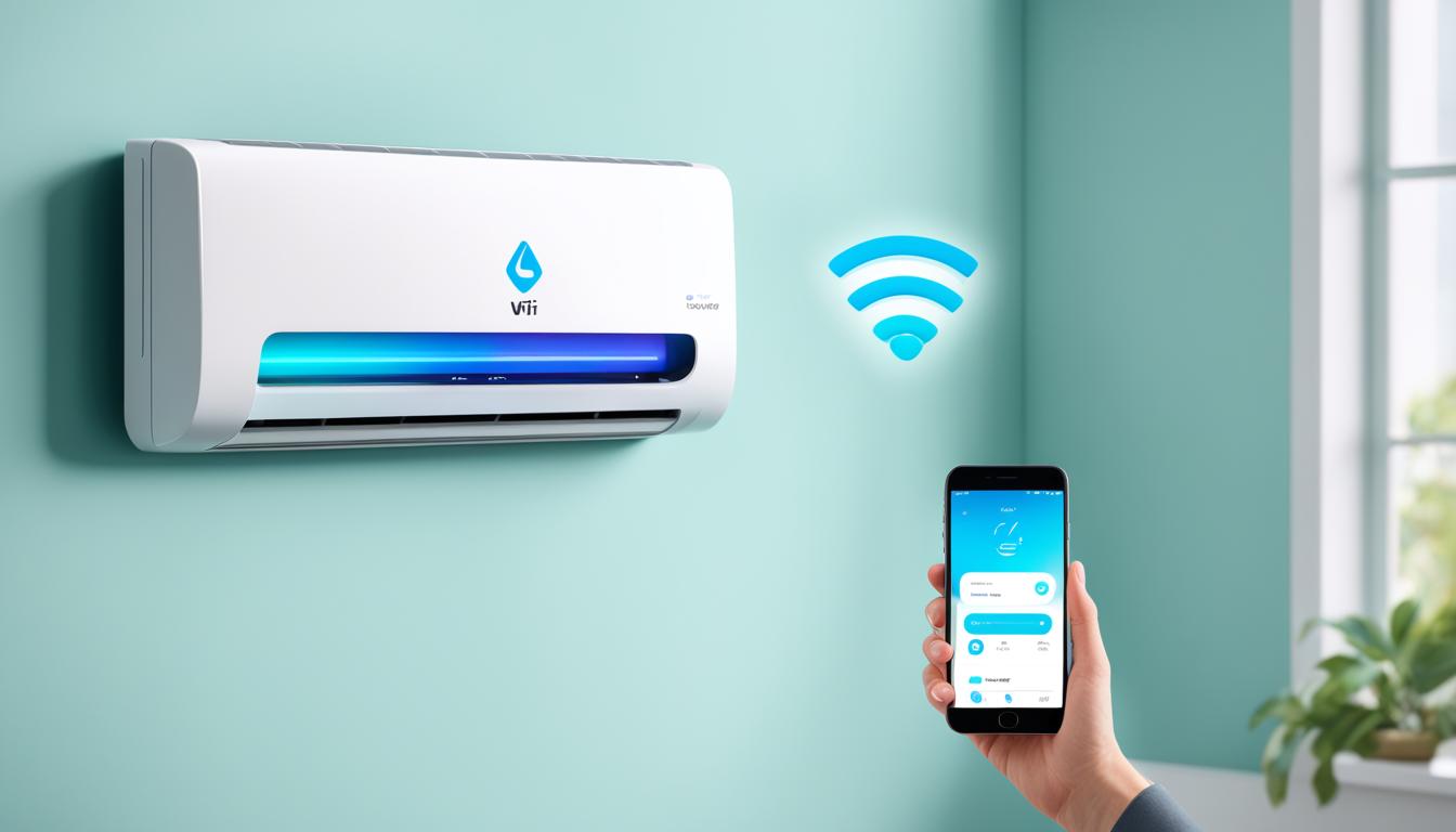 Show a sleek and modern smart AC unit with a glowing WiFi symbol in the background, indicating seamless connectivity to a smartphone app. The WiFi Connectivity in Smart ACs is depicted in a minimalist style, emphasizing its digital features rather than physical design. Include subtle imagery that conveys this technology's convenience and energy efficiency, such as a person comfortably using their mobile device from a remote location to turn on the AC before arriving home on a hot summer day.