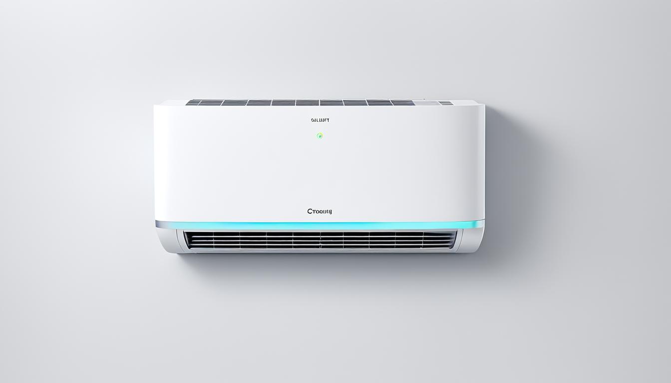 A sleek and modern smart AC unit with built-in WiFi features. The unit is displayed against a minimalist, white background with easy-to-use controls visible on the front panel. The WiFi connectivity options are highlighted with bright, glowing indicators that showcase the unit's ability to connect to a wireless network and be controlled remotely. These indicators depict how simple it is to set up the WiFi connection and start using the smart AC.