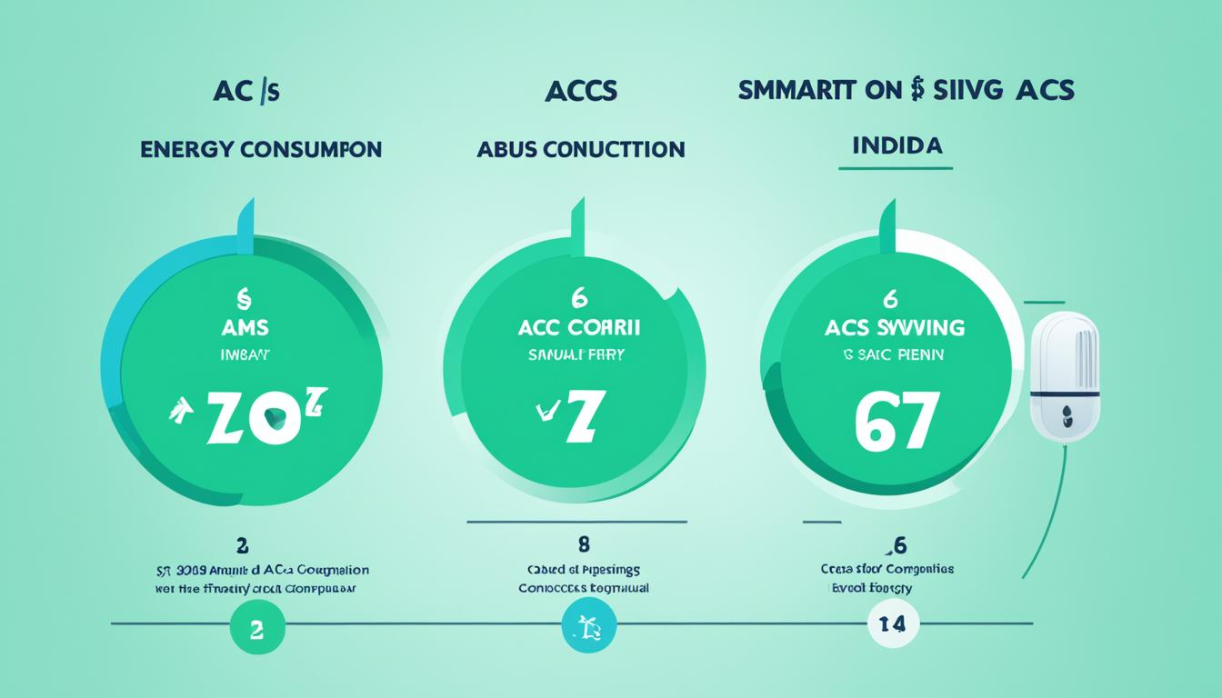 A side-by-side comparison chart showcasing the energy consumption and annual savings for the top 7 budget-friendly smart ACs in India. Icons or symbols to represent each AC and make sure that the data is easy to read and understand. The chart should clearly show the percentage of energy consumption reduction and the amount of money saved per year for each AC, with the most efficient AC at the top and the least efficient at the bottom. The background is bright green color to represent energy efficiency and sustainability.