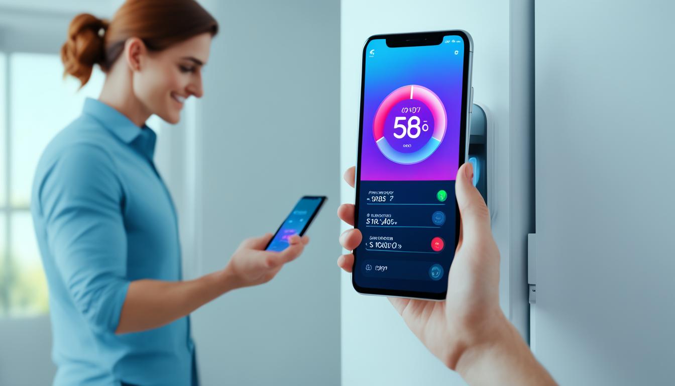 An image showcases the convenience of controlling your smart AC through mobile apps. Show a person using their smartphone to adjust the temperature and settings of their AC from afar. Use vibrant colors to highlight the mobile app's seamless connectivity and user-friendly interface. Include the smart AC as a prominent feature in the background to emphasize its technological capabilities.