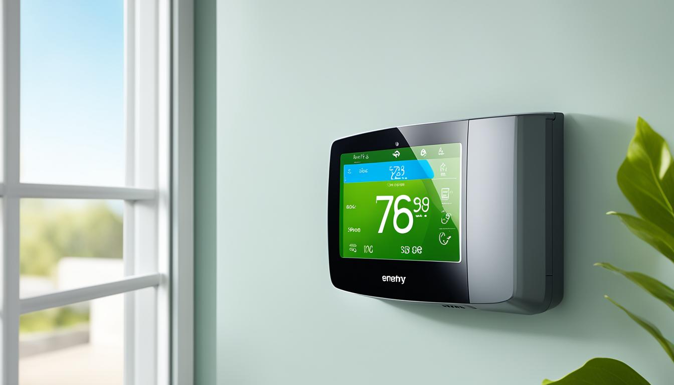 Ultimate Guide to Smart AC Features image shows a sleek, modern AC unit with a built-in programmable thermostat and temperature sensors. The display shows real-time energy usage and the option to adjust settings remotely through a smartphone app. In the background, a sunny day outside contrasts with the cool, comfortable indoor environment. A small icon of a leaf symbolizes energy efficiency.