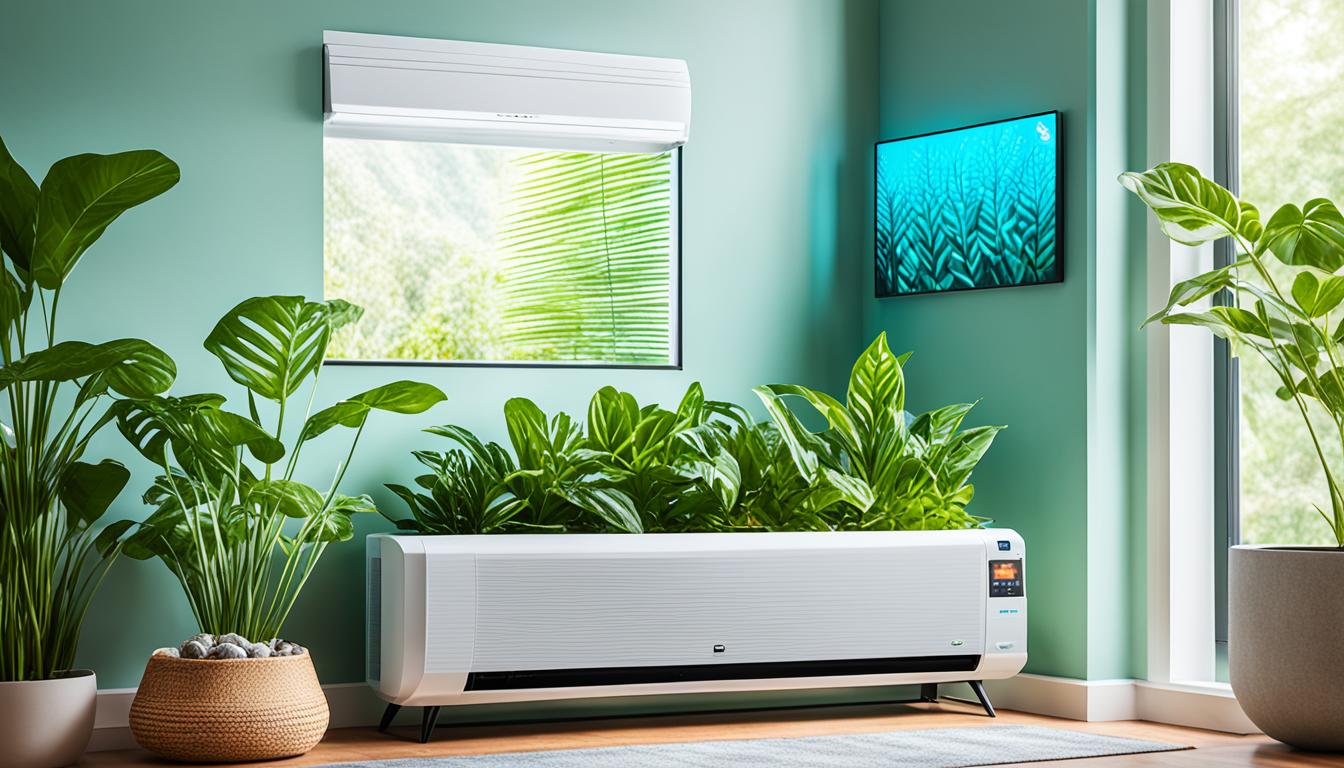 The image of Top 7 Budget Friendly Energy Efficient Smart ACs shows a sleek and modern smart AC unit nestled into a colorful and vibrant living room, surrounded by plants and natural textures. The unit has a glowing display showing energy savings in real time, while the room remains pleasantly cool and comfortable.