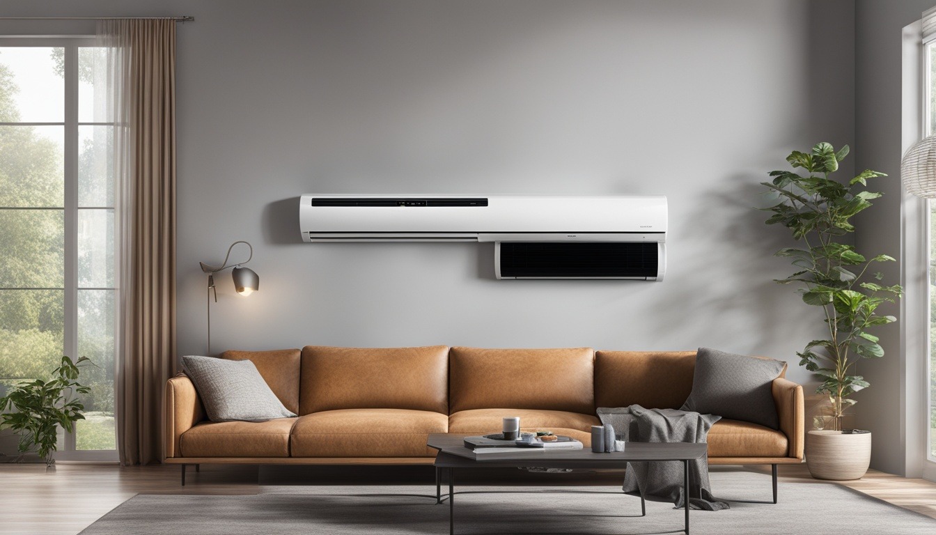 Show a sleek and modern Smart AC unit with various features visible such as energy efficiency indicators, temperature control options, remote access capabilities, air filtration systems, and smart connectivity options like voice control and mobile app integration. The image convey the idea of instant savings and smart cooling while highlighting the affordability of these budget-friendly options.