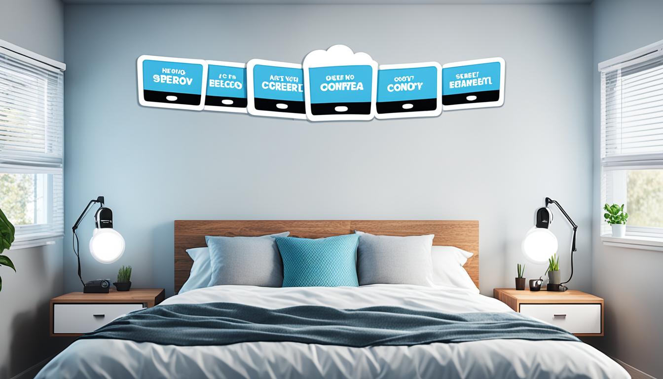 An image of a bedroom with seven AC units lined up against one wall. Each unit is surrounded by floating speech bubbles containing user reviews and experiences. The speech bubbles vary in size and colour, illustrating a range of opinions and emotions. The bedroom depicte as cool and comfortable, with soft lighting and minimal furniture to draw focus to the AC units and reviews.