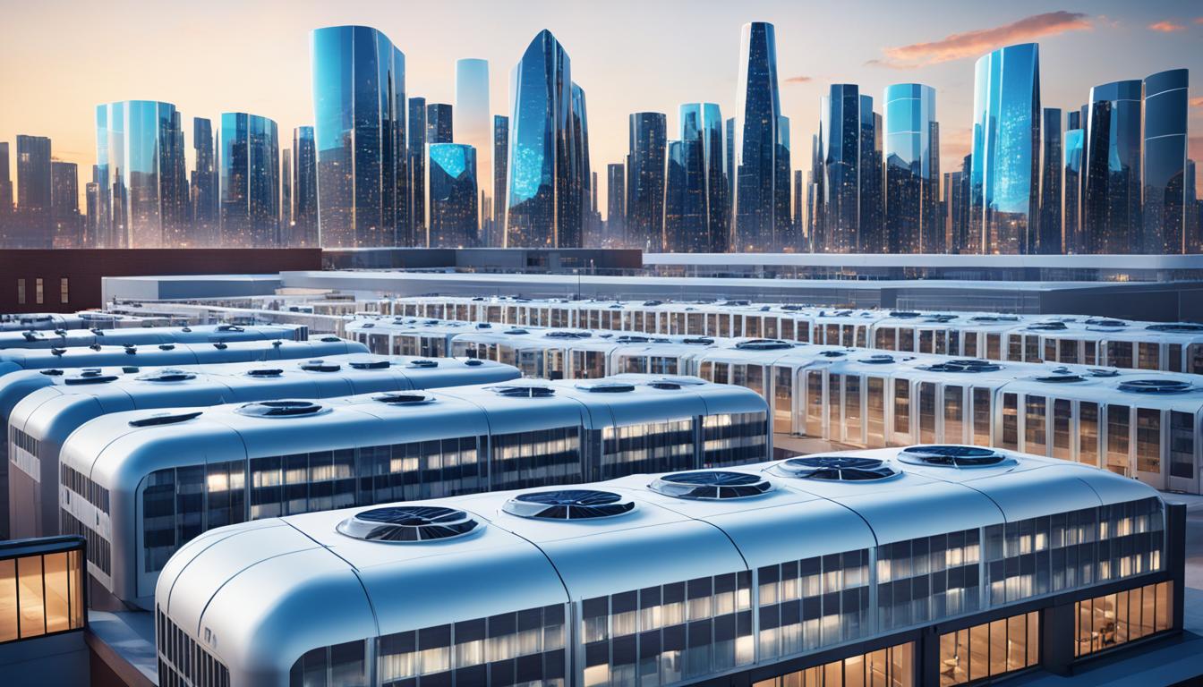 A futuristic city skyline with seven air conditioning units incorporated seamlessly into the buildings. Each unit is labeled with a different brand name and has an ENERGY STAR label prominently displayed. The units are all connected to a central HEPA filtration system, indicated by a series of tubes running between them. The buildings in the background vary in style, showcasing the diversity of architecture found in India. The color scheme is primarily cool blues and greens, evoking a sense of calm and comfort.